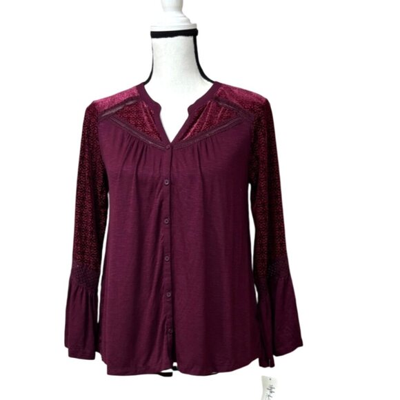 Style & Co Petite Velvet-Trim Blouse, Scarlet Wine, Sz. PM - Picture 3 of 11